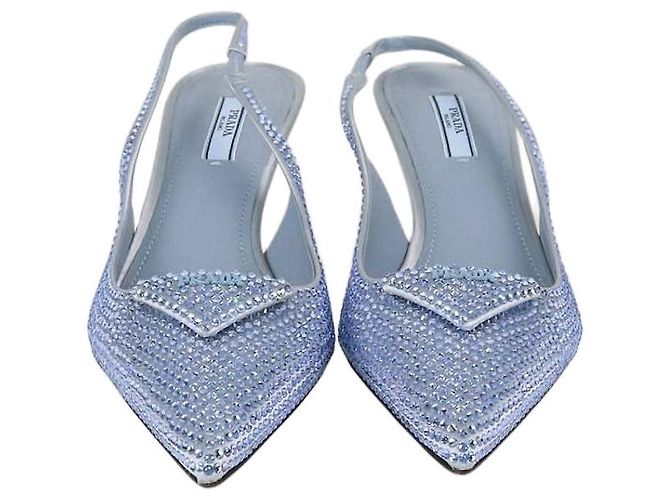 Prada Light Blue Satin Crystal Embellished Slingback Pumps