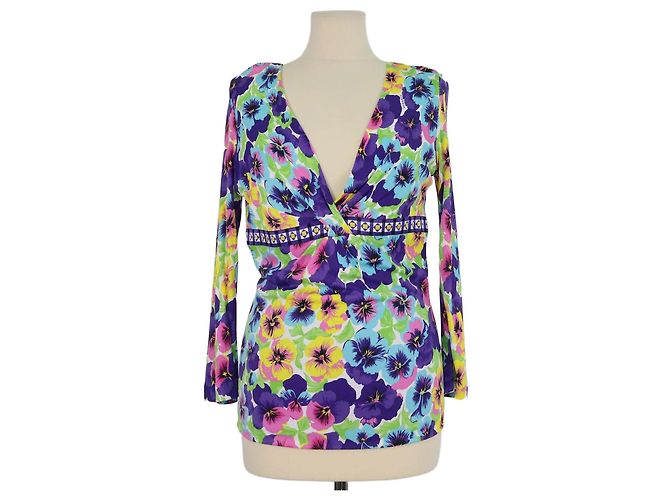 Top Versace multicolore in misto maglia con stampa floreale, scollo a V e maniche lunghe