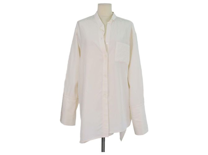 Blusa oversized de manga comprida em seda creme com bolso Anagram Loewe Cru
