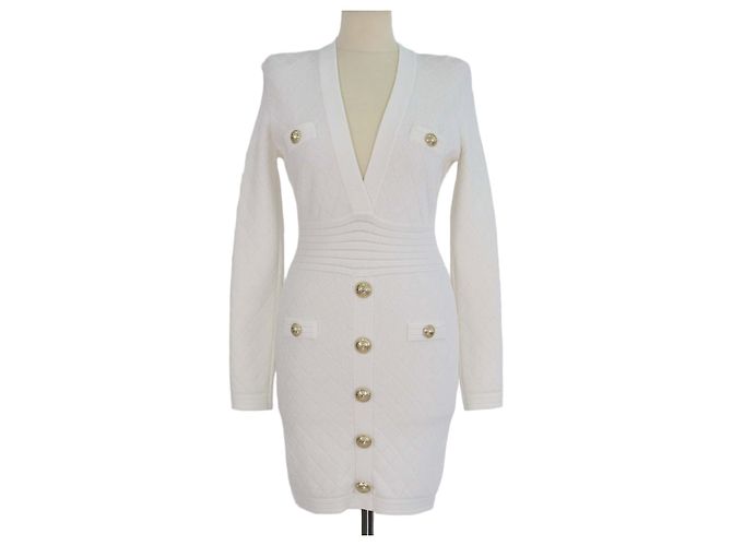 Vestido mini Balmain em malha jacquard branca com detalhes de botões Branco