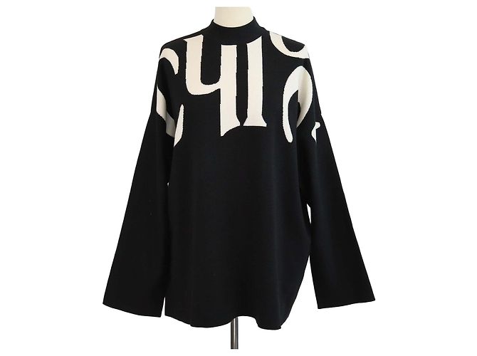 Chloé Chloe Black/White Strickpullover mit Logo-Print und Rundhalsausschnitt Schwarz Weiß
