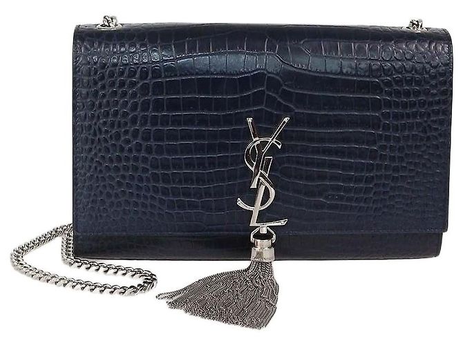 Bolsa de Ombro Medium Kate com Borlas em Couro com Relevo de Crocodilo Azul Marinho Saint Laurent