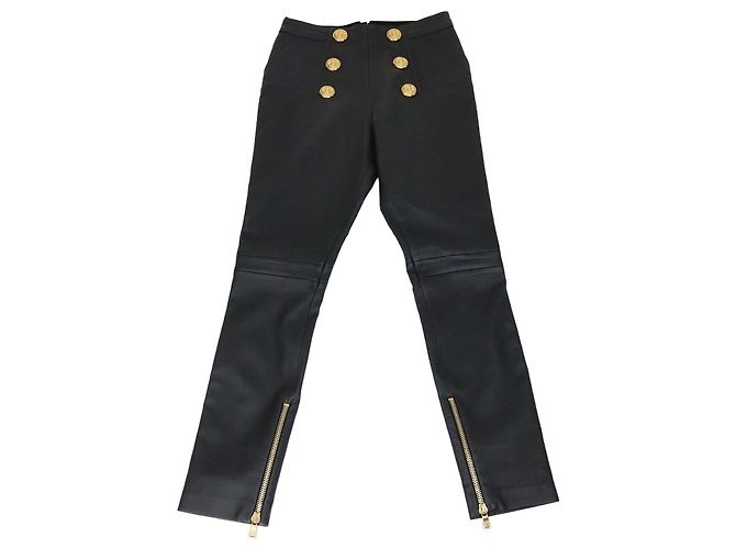 Balmain Black Leather Button Embellished Leggings