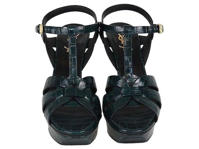 Saint laurent Sandali platform Tribute in pelle embossed croc verde