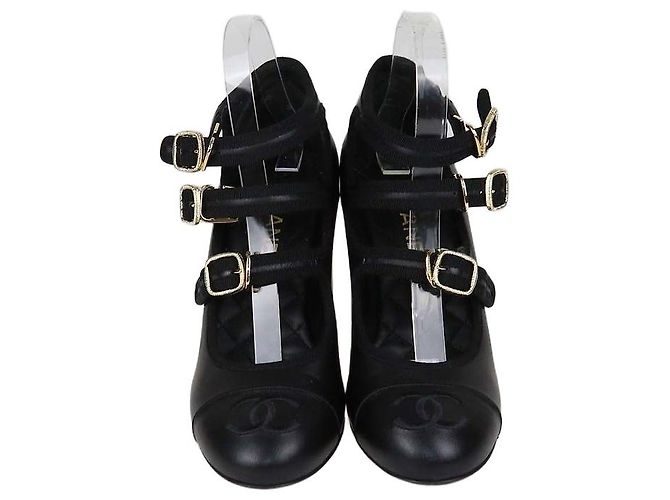 Chanel Black Leather Multi Strap Mary Jane CC Cap Toe Pumps