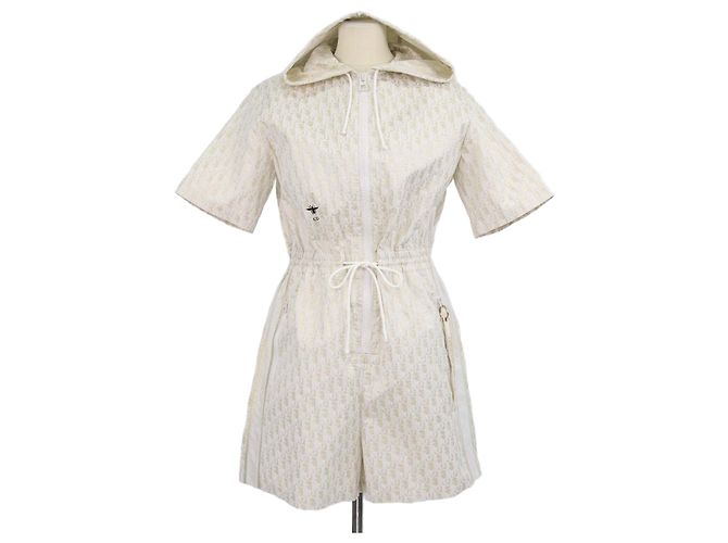 Christian Dior Gold/Ivory Oblique Blend Polyester Kapuzen-Playsuit Weiß Golden