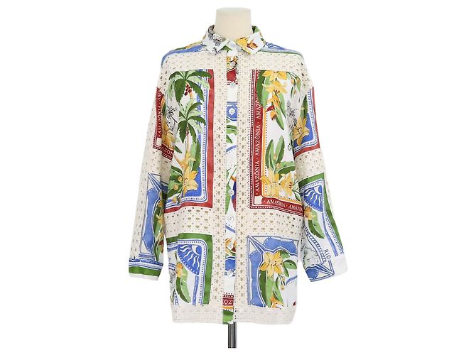 Camicia a maniche lunghe Farm Rio Multicolor Blend Linen Tropical Destination Print Multicolore