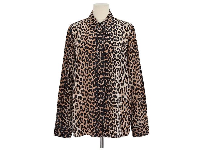 Camicia a maniche lunghe Ganni in seta marrone con stampa leopardata