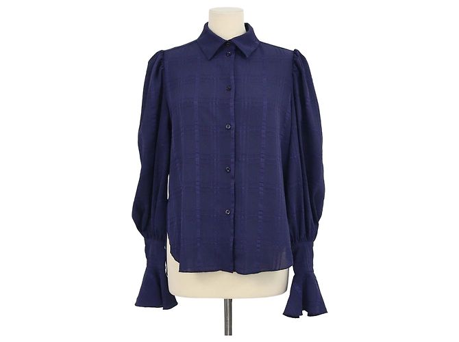 See by Chloé SeeByChloe Evening Blue Polyester Checked Bishop-Sleeve Shirt