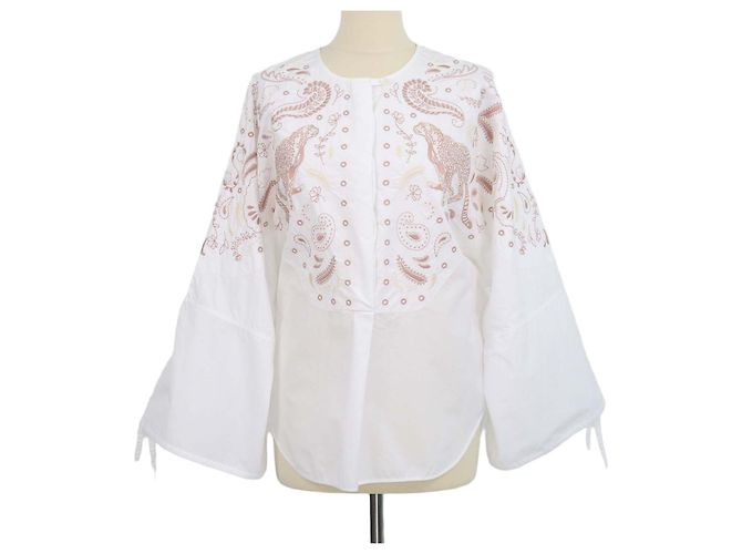 Hermès Camisa de playa bordada Clou de Selle en algodón Blanc Hermes Blanco