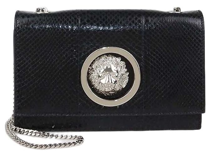 Clutch Versus Versace in pelle nera embossed effetto serpente con logo leone e catena Nero