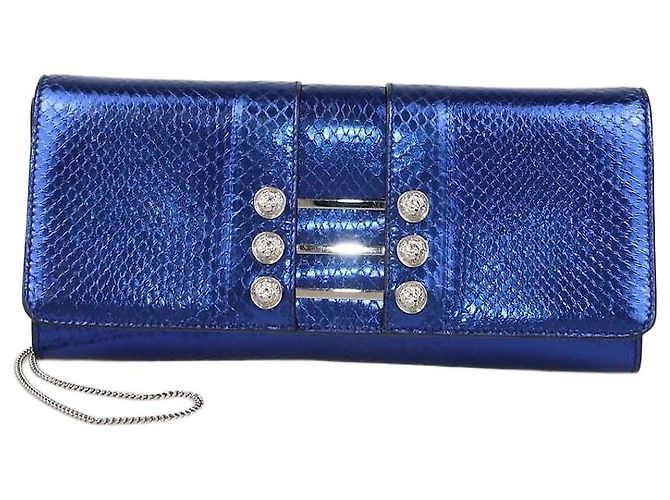 Versus Versace Metallic Blue Snake Embossed Leather Chain Clutch Blau