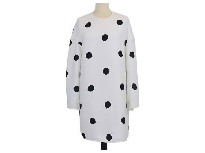 Tibi Midi-Kleid mit langen Ärmeln in Weiß/Schwarz mit Polka Dots