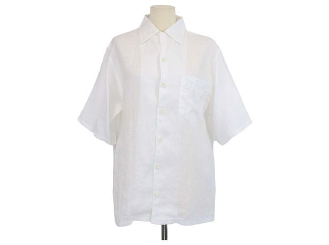 Camicia a maniche corte in lino bianco Prada con patch logo