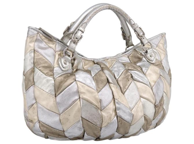Saco Tote Miu Miu Couro Silver Gold Auth 199356A Prata Dourado