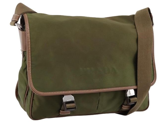 Bolso de Hombro PRADA Nylon Khaki Silver Auth bs36961 Plata Caqui