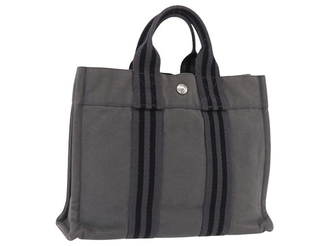 Hermès Bolsa HERMES Fourre Tout PM algodão Gray Silver Auth 199978 Marrom Prata