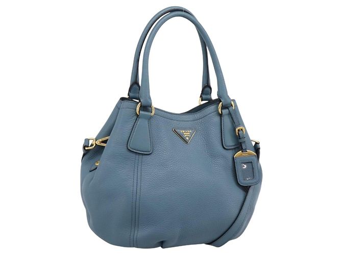 Bolsa de mão PRADA em couro 2way azul claro tom dourado Auth 202074V