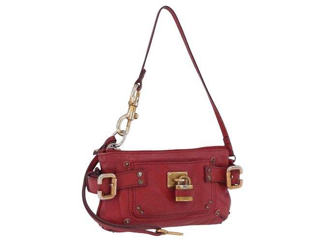 Chloé Chloe Accessory Pouch Leather Red Gold Silver Auth mr2868A Silvery Golden