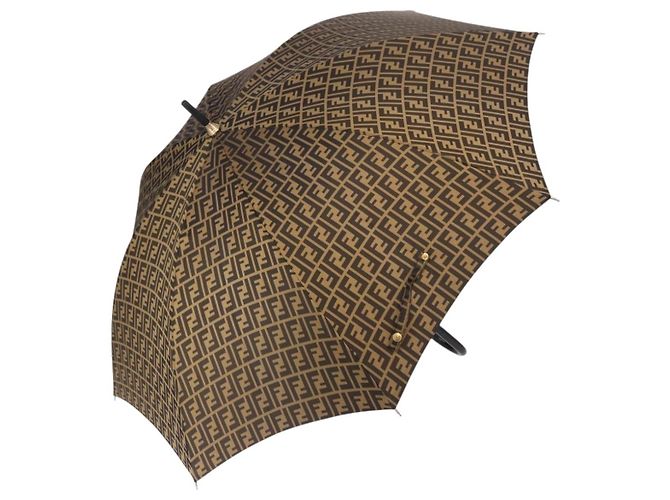 FENDI Zucca Umbrella Nylon Brown Gold Tone Auth 200211A