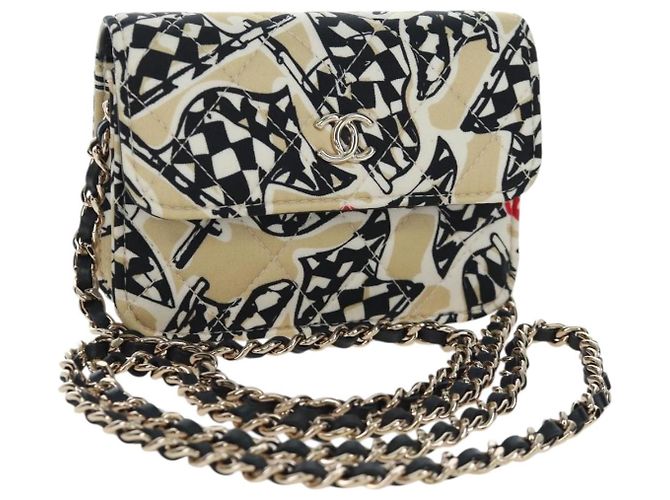 CHANEL Mini Matelasse Chain Shoulder Pouch Satin Beige Silver CC Auth 196975M Argenté