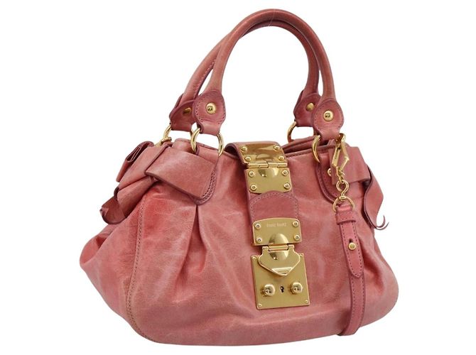 Bolsa de Mão Miu Miu Vitellolux em Couro 2way Rosa Tom Dourado Auth 202077V