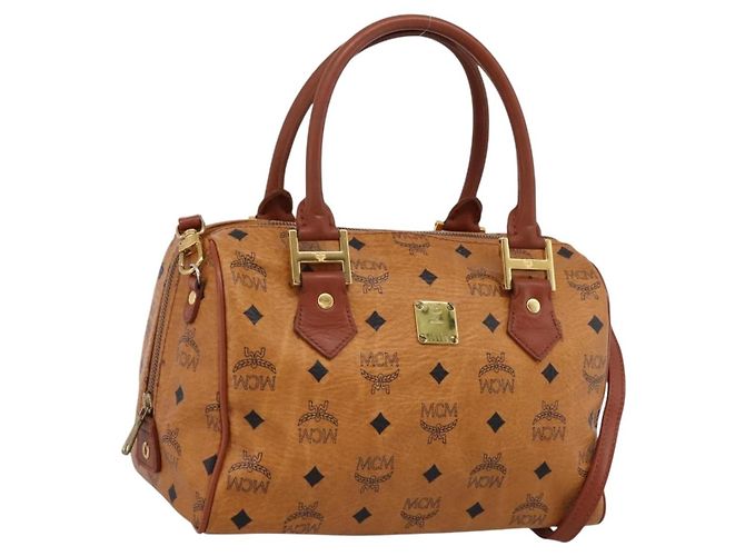 Borsa Boston MCM Logogram Vicetos PVC Pelle 2way Marrone Oro Auth 201891A D'oro