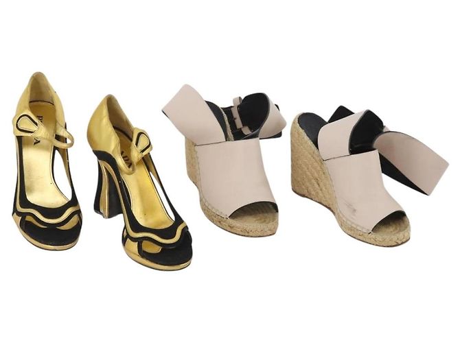 Céline CELINE PRADA Sandalen Leder 2er Set Beige Gold Auth 193715 Golden