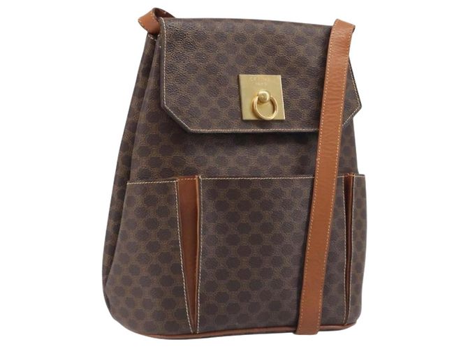 Céline Bolsa de Ombro CELINE Macadam PVC Couro Marrom Tom Dourado Auth 198476