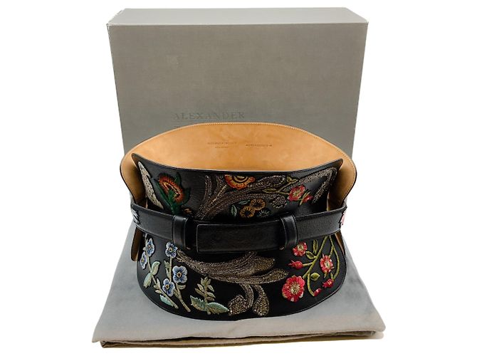 Alexander McQueen Black Leather Structured Corset Belt with Embroidery