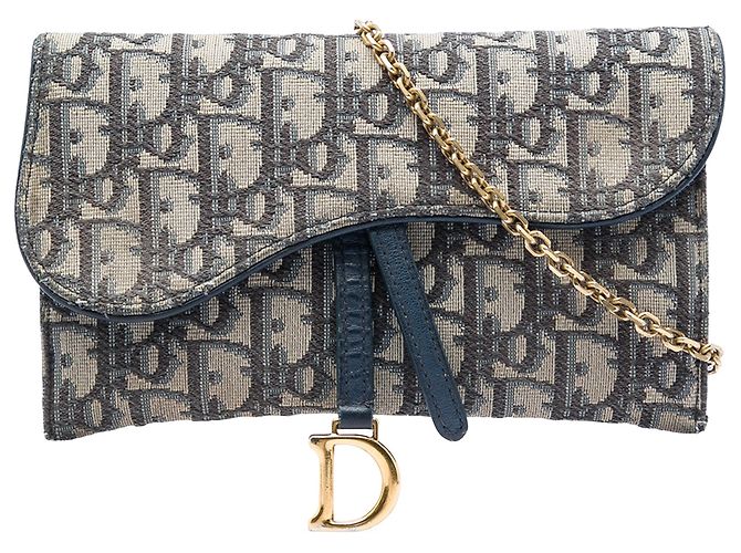 Borsa a tracolla Dior Oblique Canvas Saddle Wallet On Chain Blu