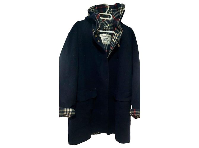 Burberry Navy Blue Wool Coat with Nova Check Lining