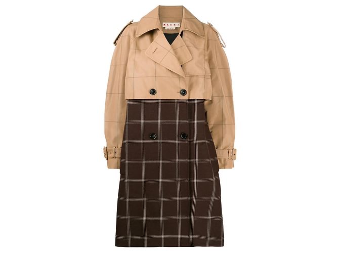Marni Checkered Two-Tone Trench Coat, Size 38 Brown