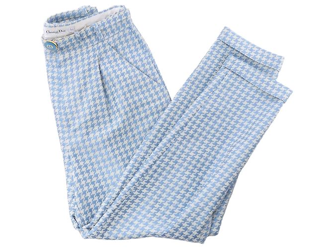 Christian Dior Houndstooth-Baumwollhose mit Gürtel in Blau, Größe FR 38