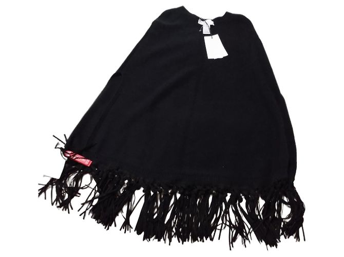 Autre Marque Schwarzer Woll- und Kaschmir-Poncho mit Fransen