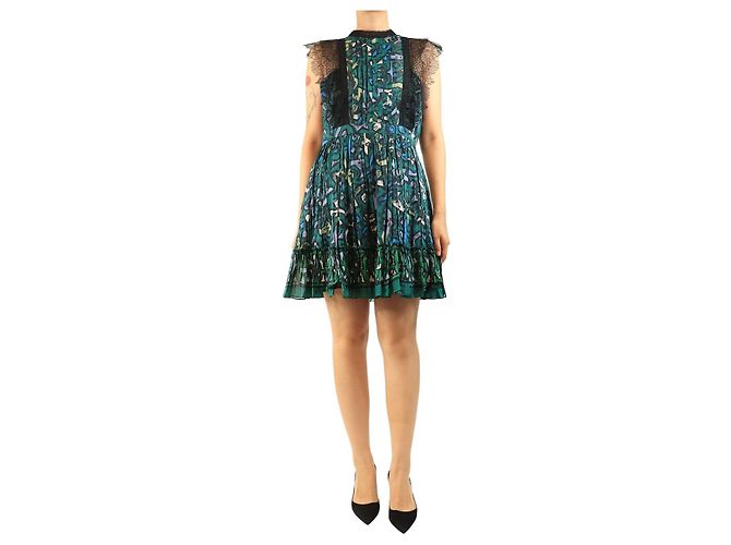 Valentino Mini vestido estampado sem mangas com acabamento em renda, verde - size UK 12