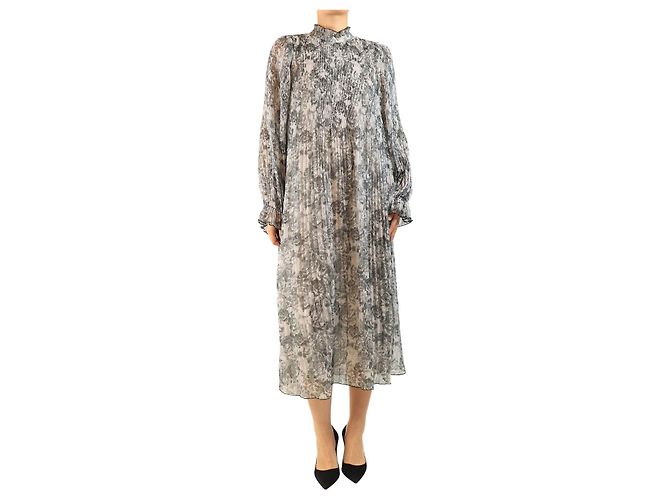 Ganni Graues plissiertes Kleid mit Print - size UK 12