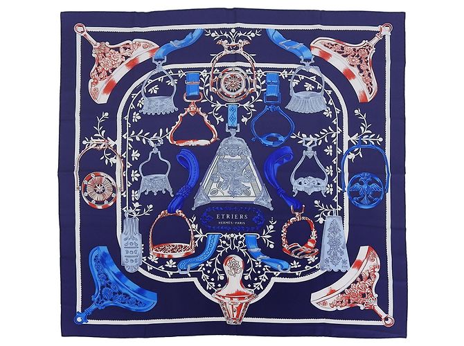 Hermès Etriers Carre 90 Seidentuch Rot Blau Marineblau