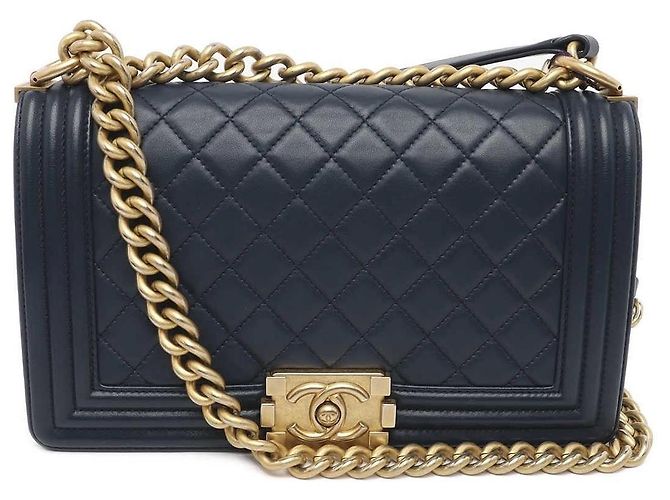 Chanel Boy Medium Blu Navy Pelle d'Agnello Blu scuro