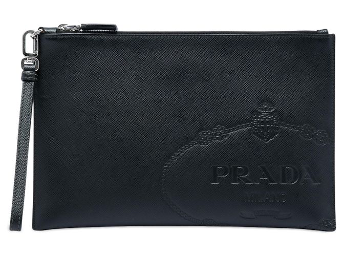 Clutch Prada in pelle Saffiano nera con logo Nero