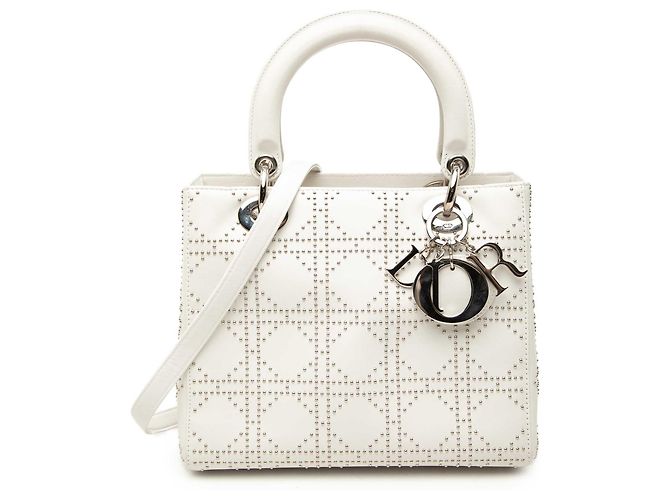 Dior White Medium Calfskin Studded Lady Dior Blanc
