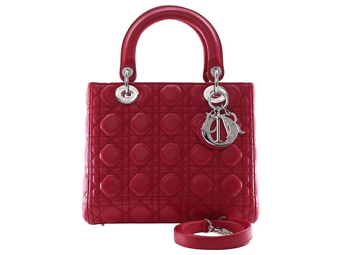 Dior Red Medium Lambskin Cannage Lady Dior Rouge