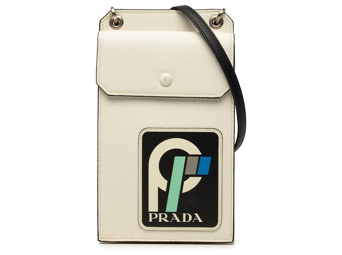 Porta-telemóvel Prada em Saffiano branco com patch Fora de branco