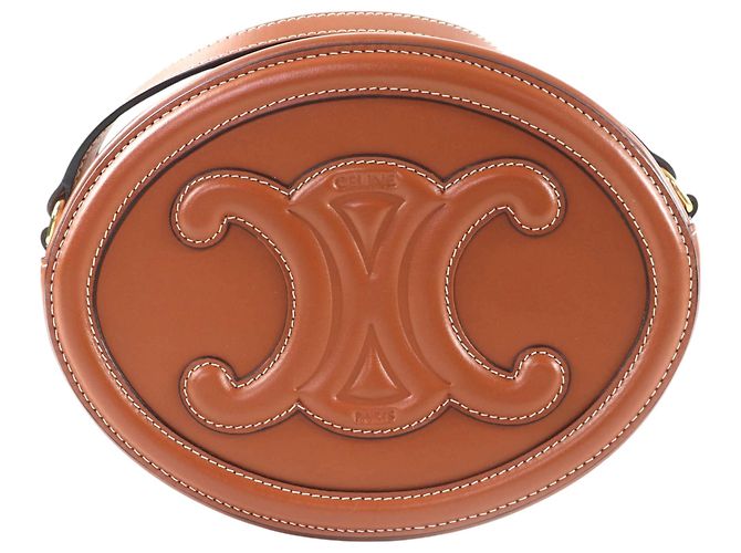 Céline Celine Bolsa Tiracolo Oval Cuir Triomphe em Pele de Bezerro Castanha Marrom