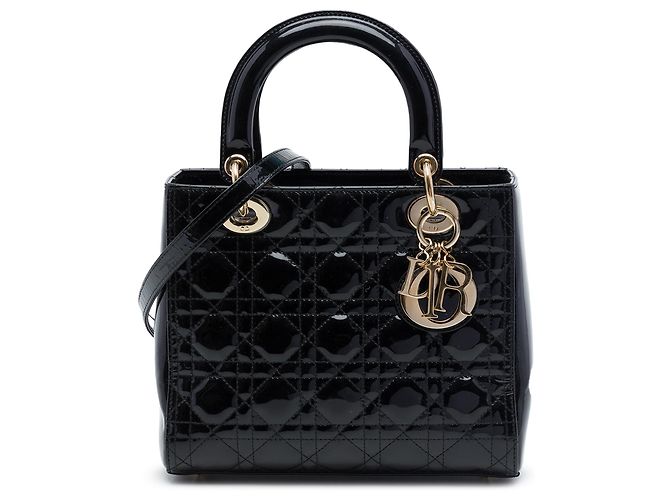 Dior Black Medium Patent Cannage Lady Dior Noir