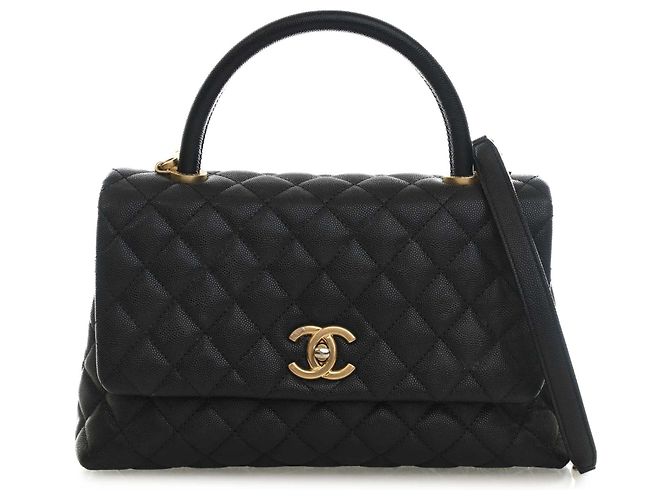 Borsa Chanel Coco Top Handle Medium in pelle caviar matelassé nera Nero