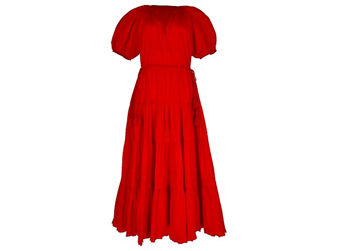Abito midi a balze con maniche a sbuffo Ulla Johnson in cotone rosso