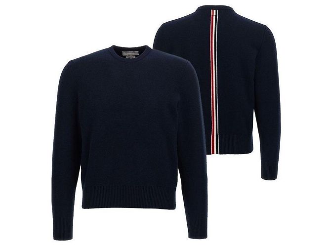 Thom Browne Round Wool Knit with Three Stripes in Navy Blue