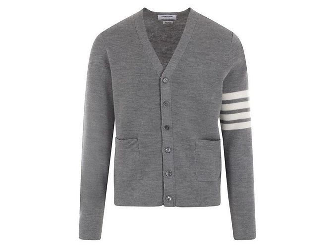 Thom Browne V-Ausschnitt Cardigan aus diagonalem Waffel-Merinowolle Hellgrau Braun