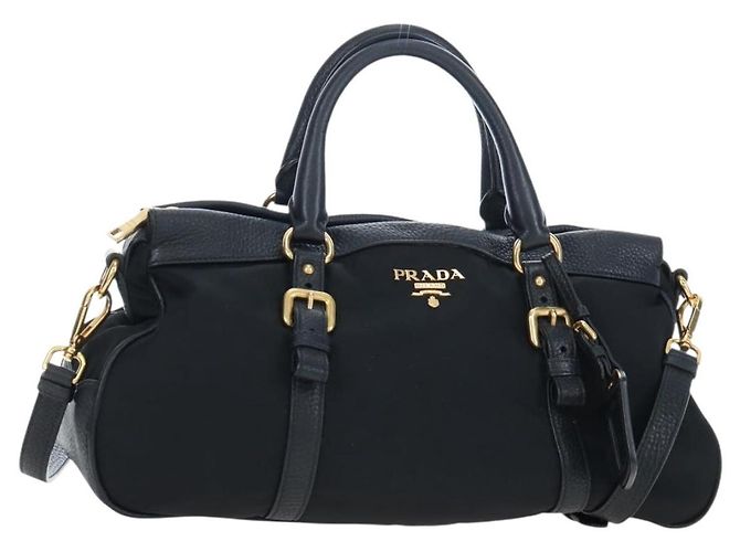 PRADA Bolsa de Mão Nylon Couro 2way Black Gold